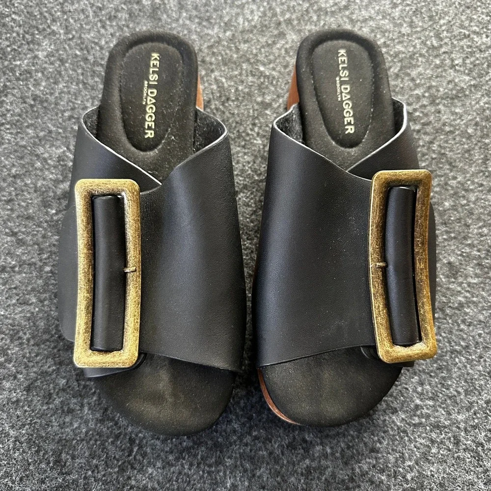 Kelsi Dagger Brooklyn Black Leather Platform Slide Buckle Sandals Size 6 36.5